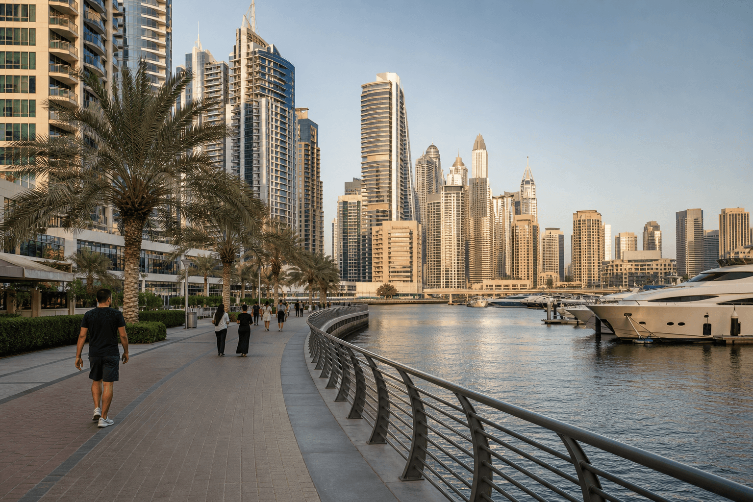Dubai Marina mit Wolkenkratzern und Promenade