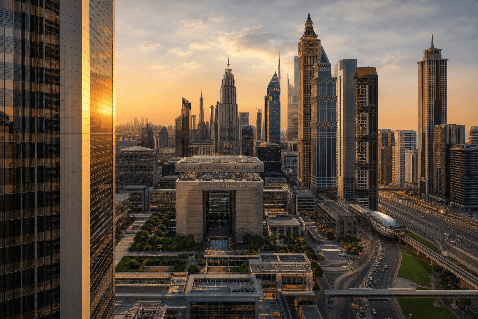 Geschäftsdistrikt von Dubai mit Hochhäusern bei goldenem Licht