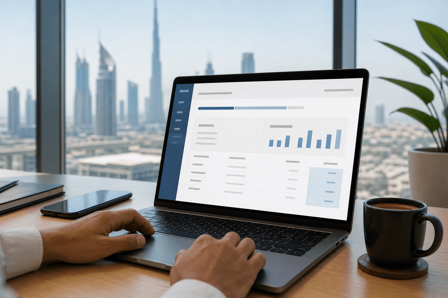 Laptop mit Rechnungs-Dashboard vor der Skyline von Dubai