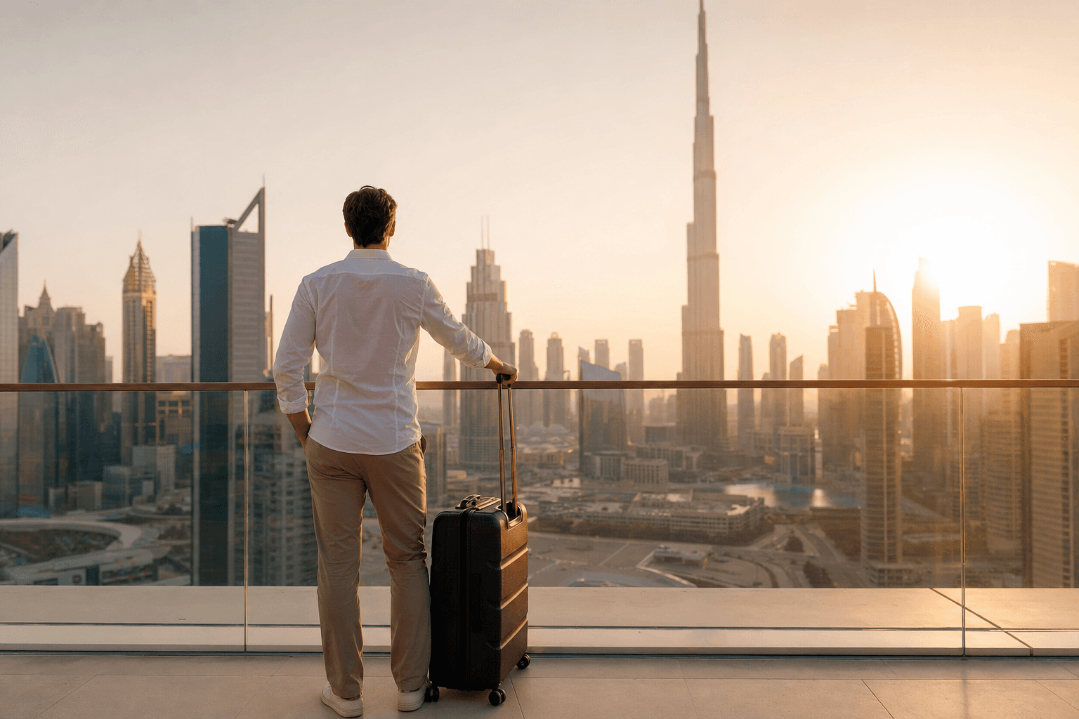 Person mit Koffer blickt auf die Skyline von Dubai
