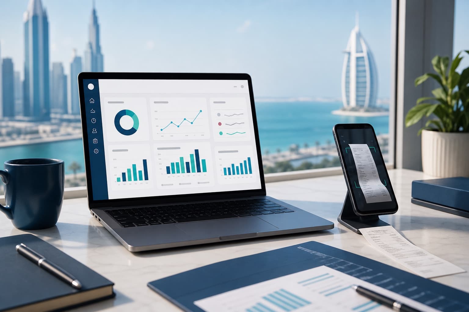 Entrepreneur doing bookkeeping on a laptop in Dubai